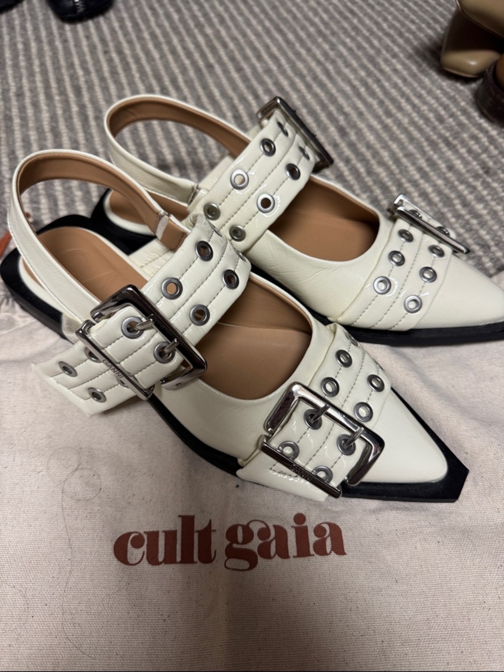 Cult gaia White Pointed Slingback Mules with Silver Buckles, size 8,